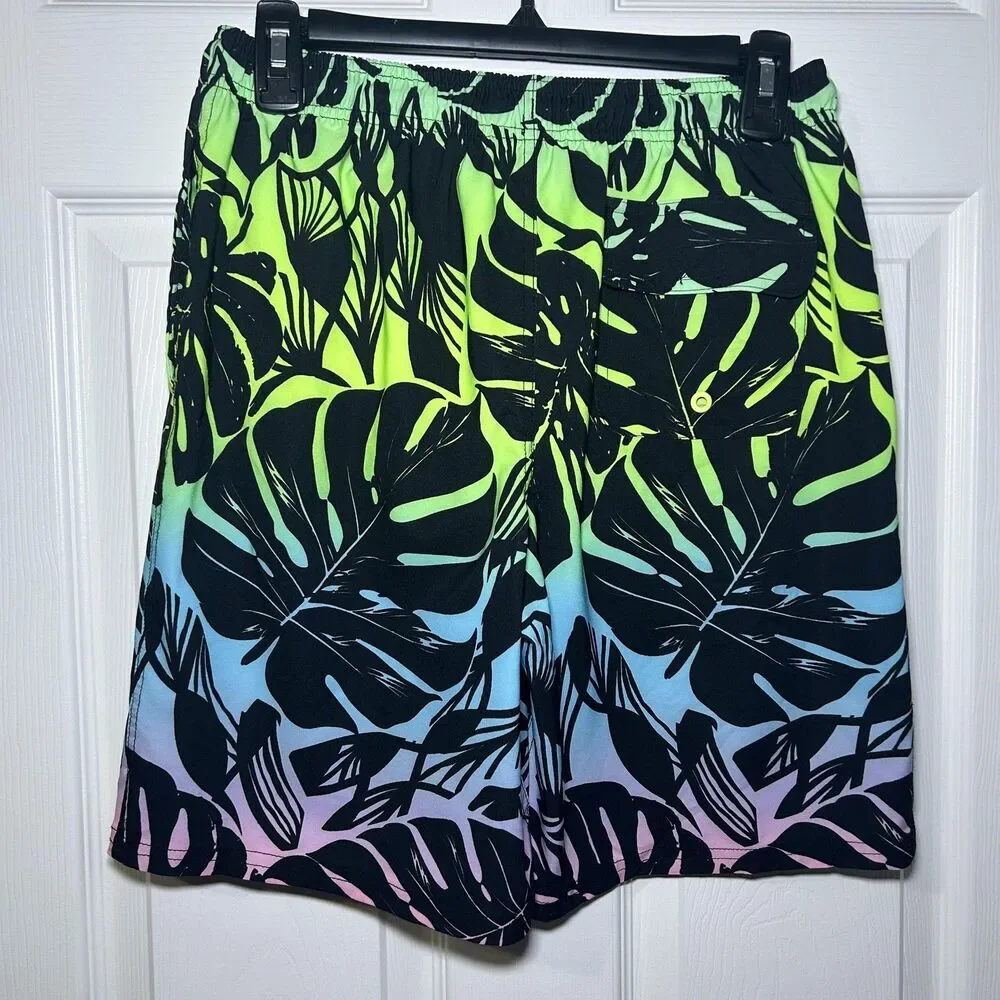 Wonder Nation Swim Shorts Boys 14-16 Multicolor Tropical Leaf Board Trunks Lined